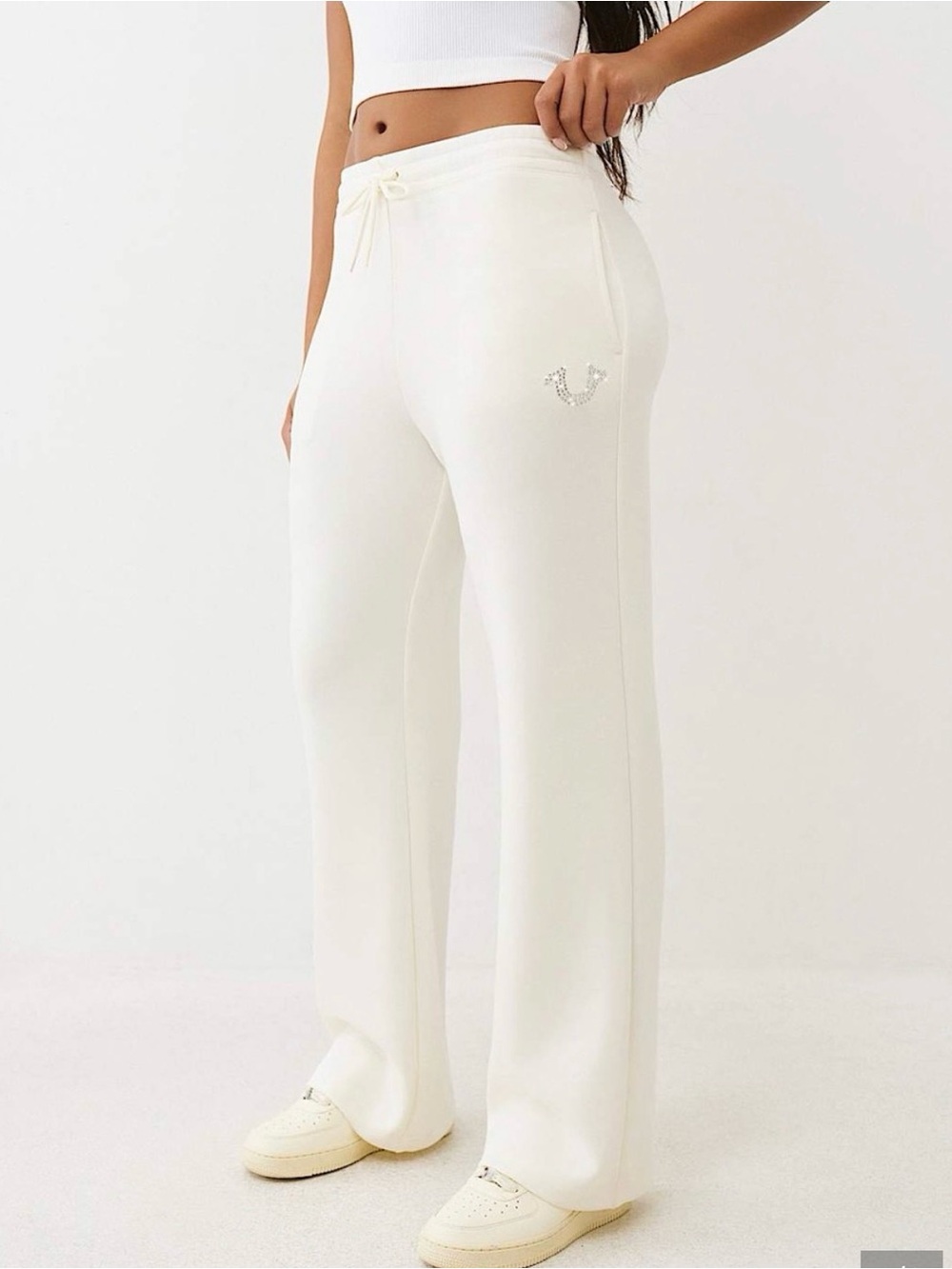NWT True Religion Crystal Twisted Flare Sweatpants with Rhinestone Logo Size LG